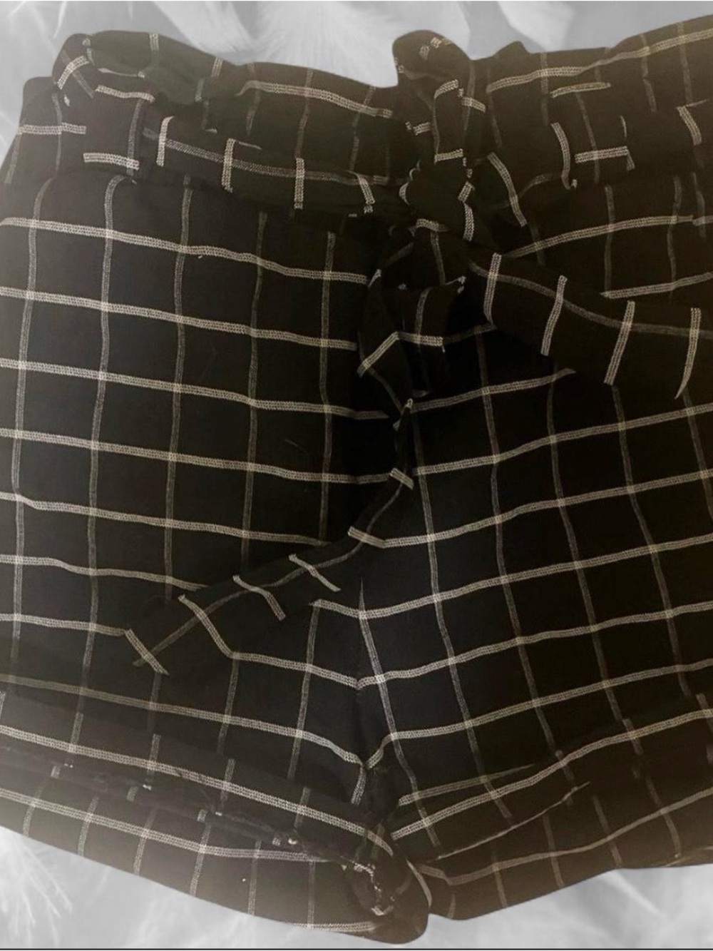 Navy Grid Paperbag Shorts | High‑Waisted Bow Tie | Soft Girl Casual